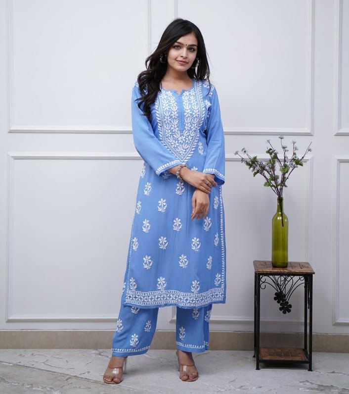 Premium Rayon Fabric Sky Blue Kurta Set with heavy embroidery