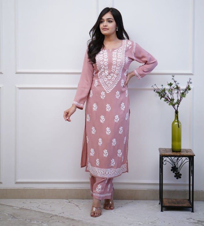 Premium Rayon Fabric Soft Pink Kurti with heavy Embroidery