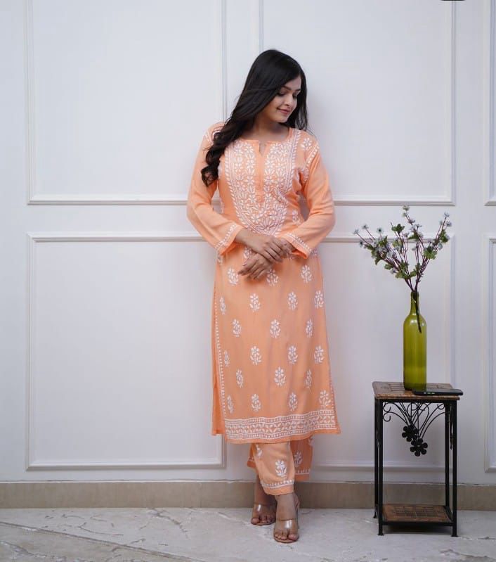 Premium Rayon Fabric Peach Kurta Set With Heavy Embroidery