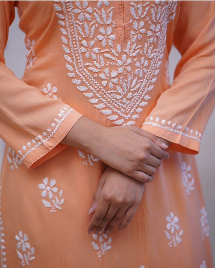 Premium Rayon Fabric Peach Kurta Set With Heavy Embroidery