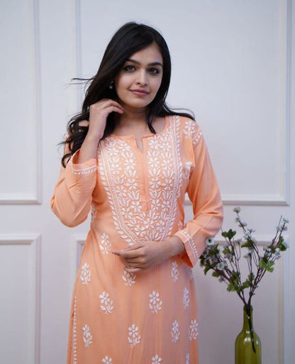 Premium Rayon Fabric Peach Kurta Set With Heavy Embroidery