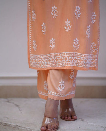 Premium Rayon Fabric Peach Kurta Set With Heavy Embroidery