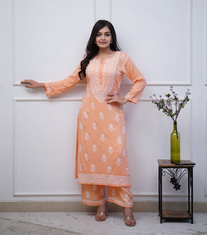 Premium Rayon Fabric Peach Kurta Set With Heavy Embroidery