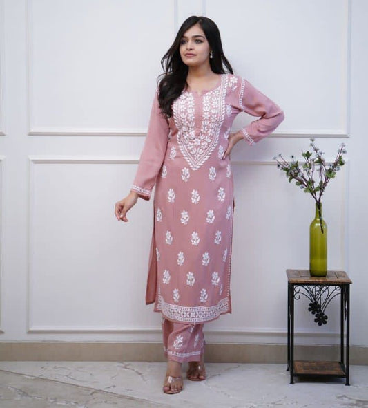 Premium Rayon Fabric Soft Pink Kurti with heavy Embroidery