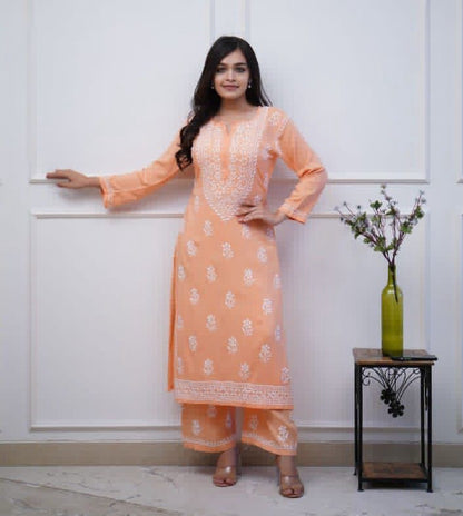 Premium Rayon Fabric Peach Kurta Set With Heavy Embroidery