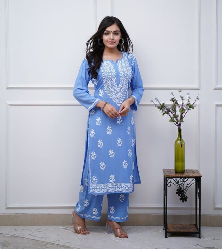 Premium Rayon Fabric Sky Blue Kurta Set with heavy embroidery