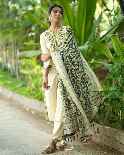 Green Cotton Kurta with Silk dupatta