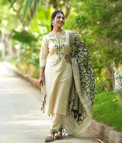 Green Cotton Kurta with Silk dupatta