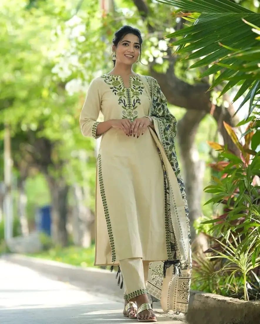 Green Cotton Kurta with Silk dupatta