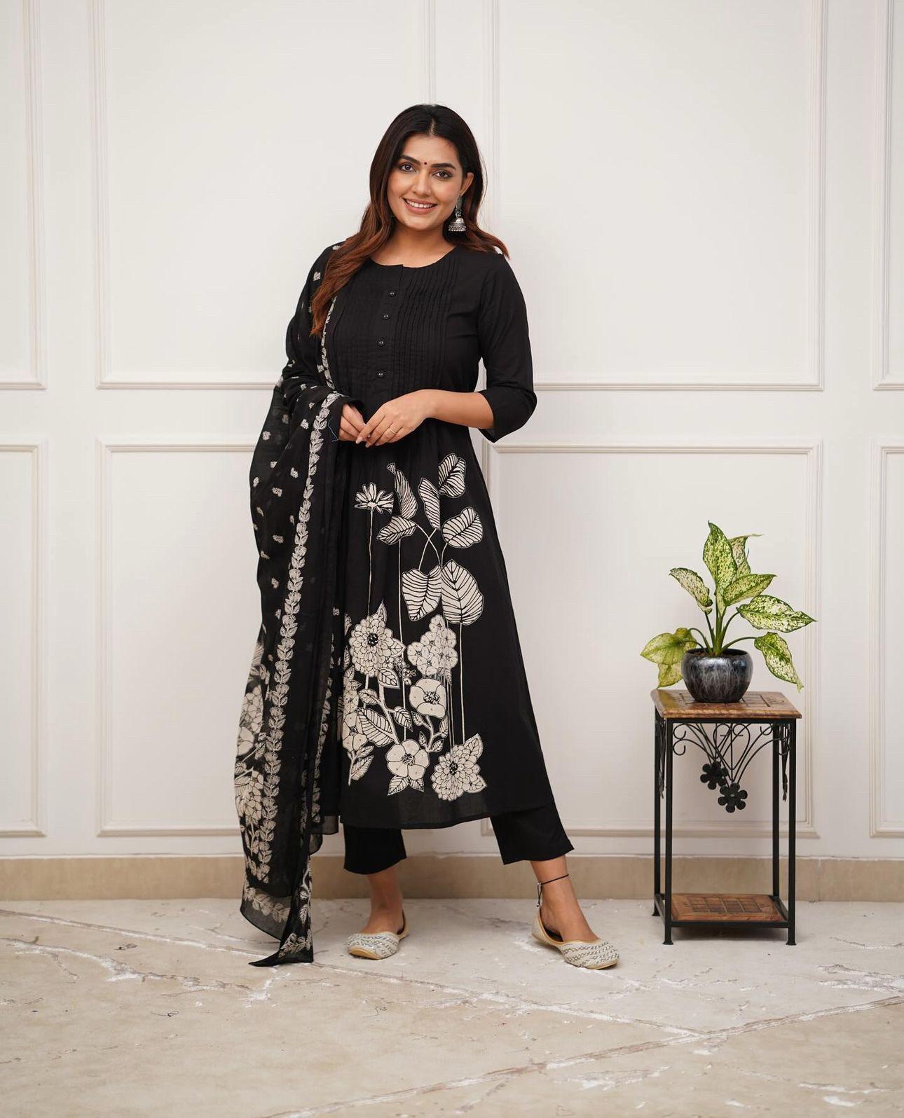 Pure Cotton Black Kurti With Self print with pant and mulmul printed dupatta