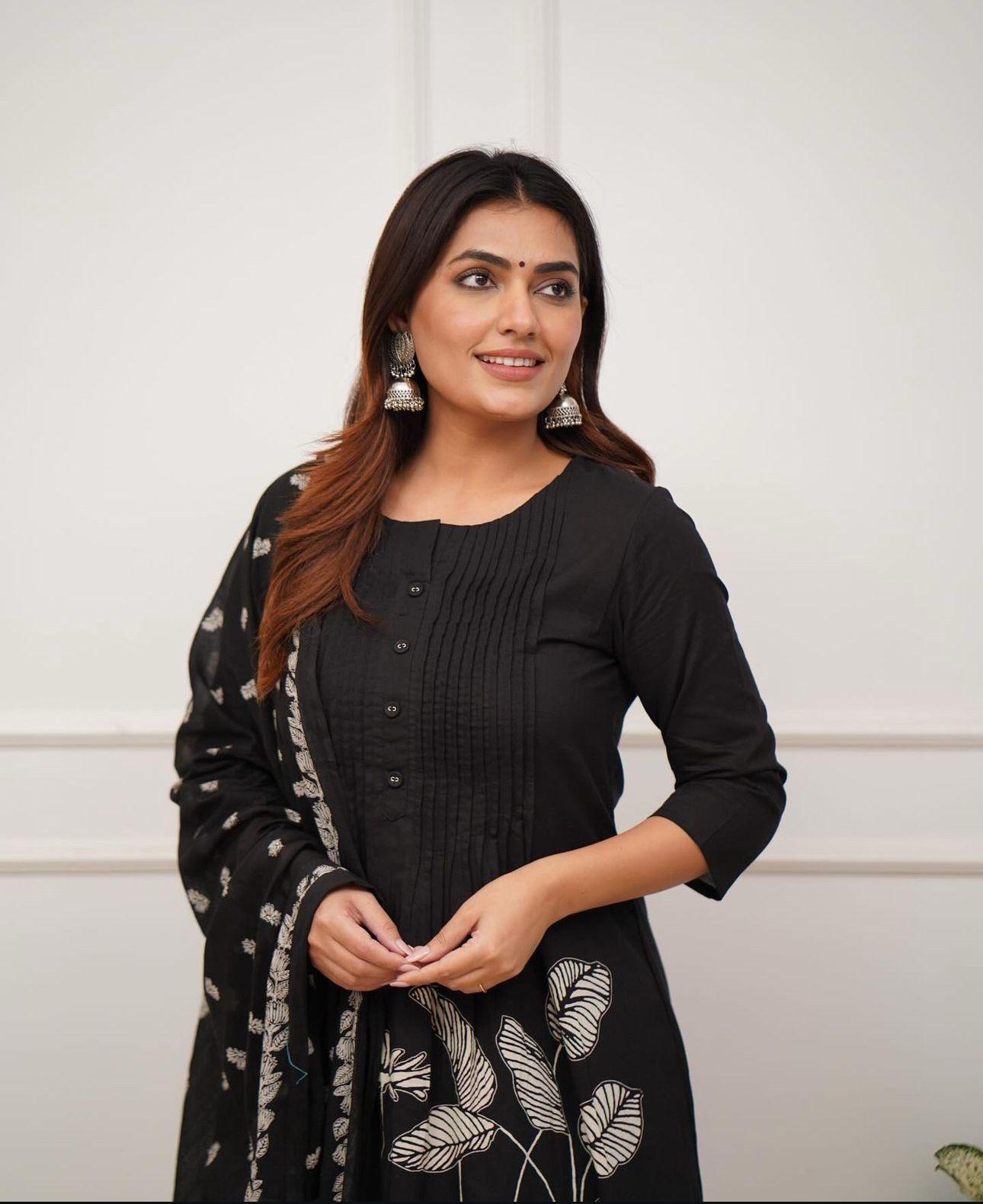 Pure Cotton Black Kurti With Self print with pant and mulmul printed dupatta