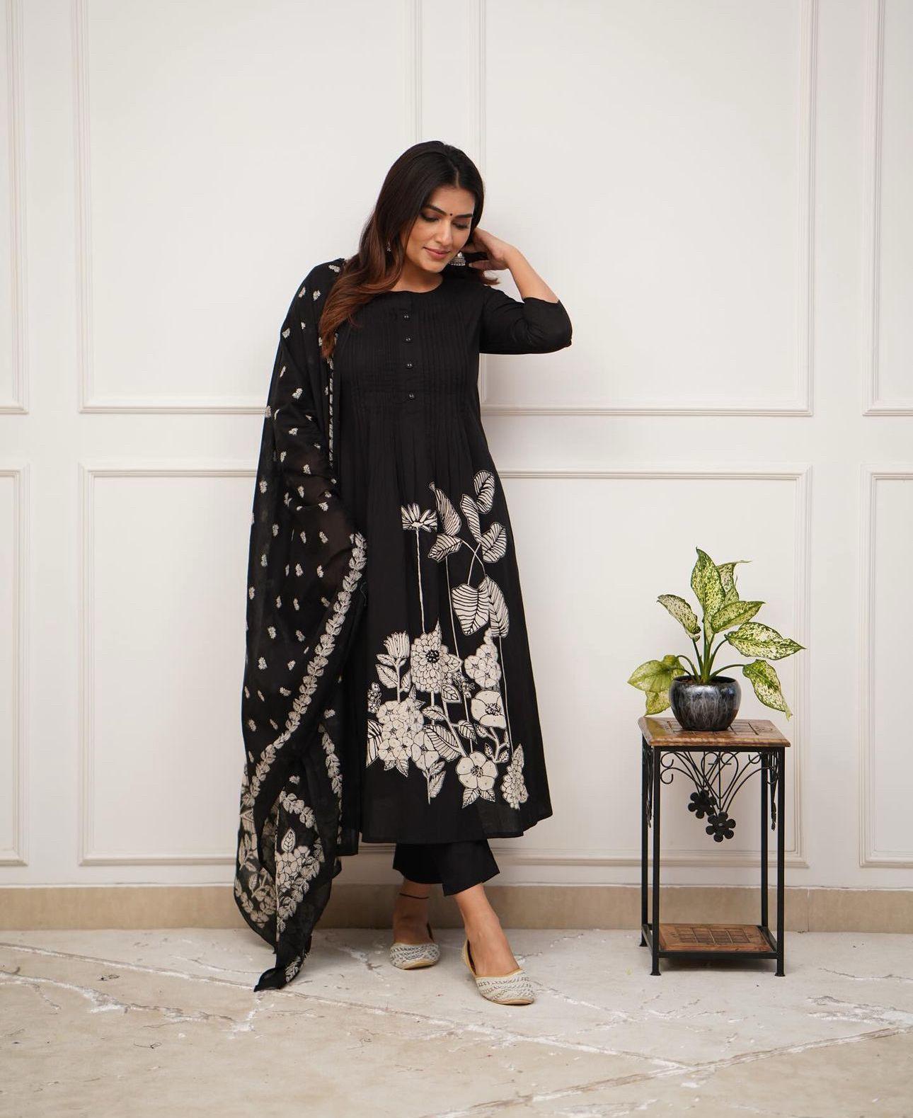 Pure Cotton Black Kurti With Self print with pant and mulmul printed dupatta