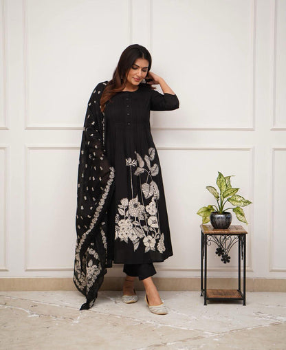 Pure Cotton Black Kurti With Self print with pant and mulmul printed dupatta