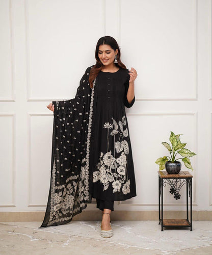 Pure Cotton Black Kurti With Self print with pant and mulmul printed dupatta