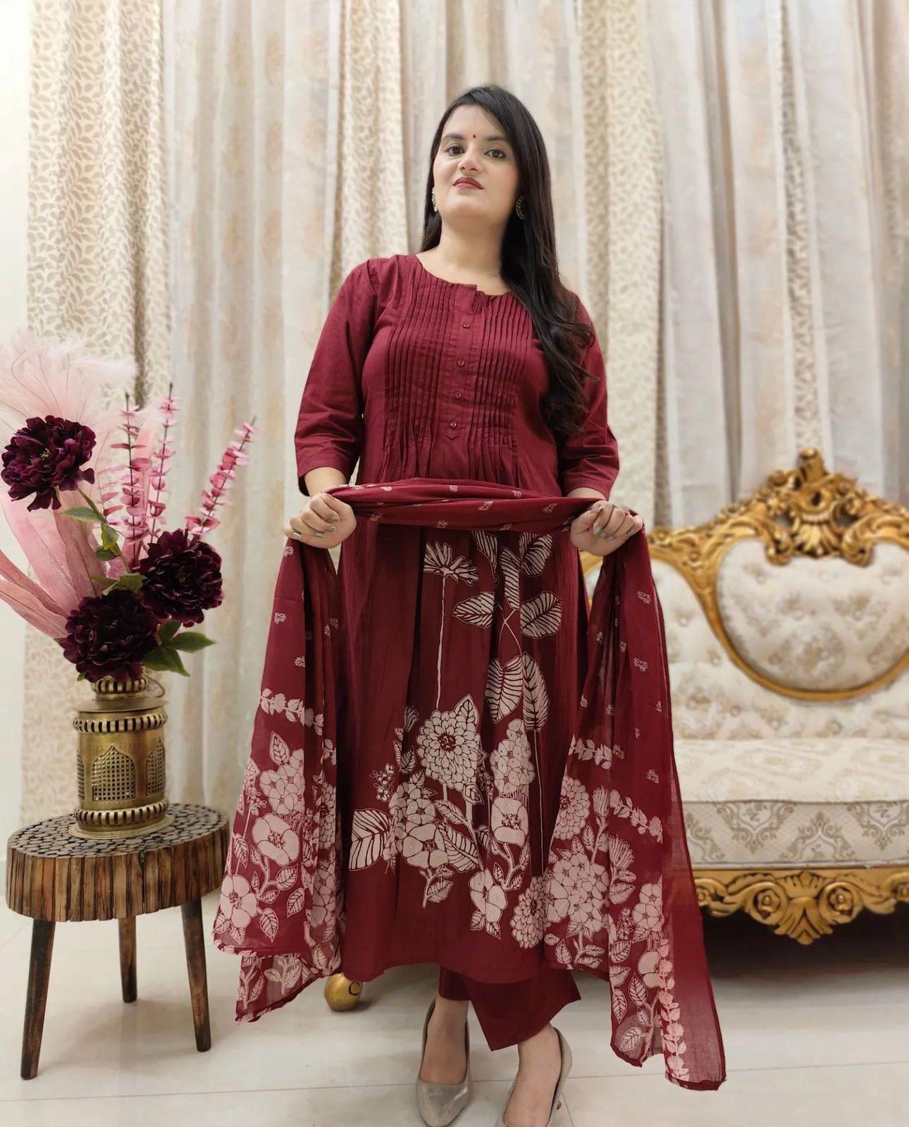 Pure Cotton Maroon Kurti Set With Self Print Pant and Mulmul printed dupatta