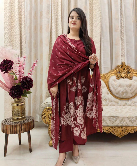 Pure Cotton Maroon Kurti Set With Self Print Pant and Mulmul printed dupatta