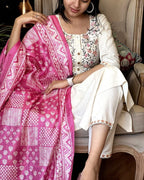 Off White Color Kurti Set With Colorful Floral Embroidery At Neck