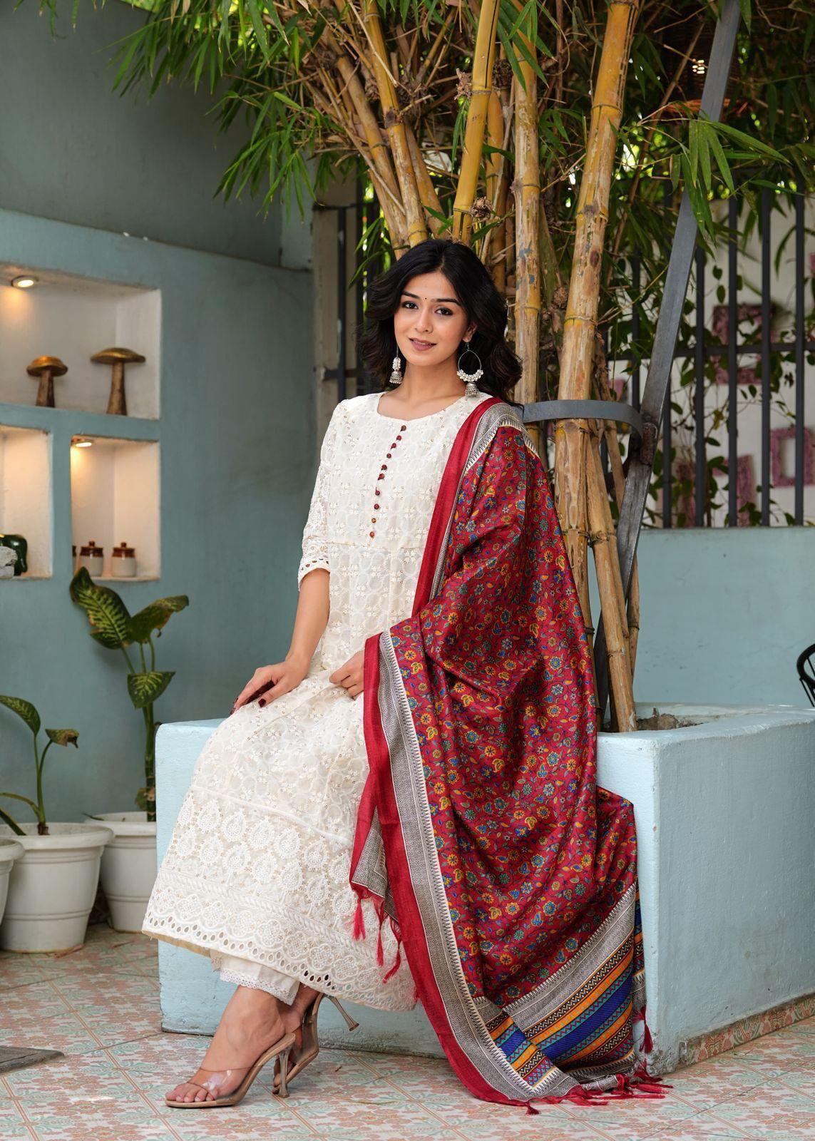 White and Red Kurti Set With Full  Embroidery On Kurti And A False Button Styling On Front