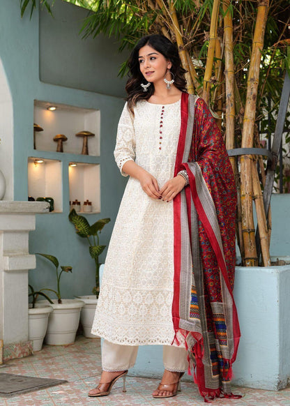 White and Red Kurti Set With Full  Embroidery On Kurti And A False Button Styling On Front