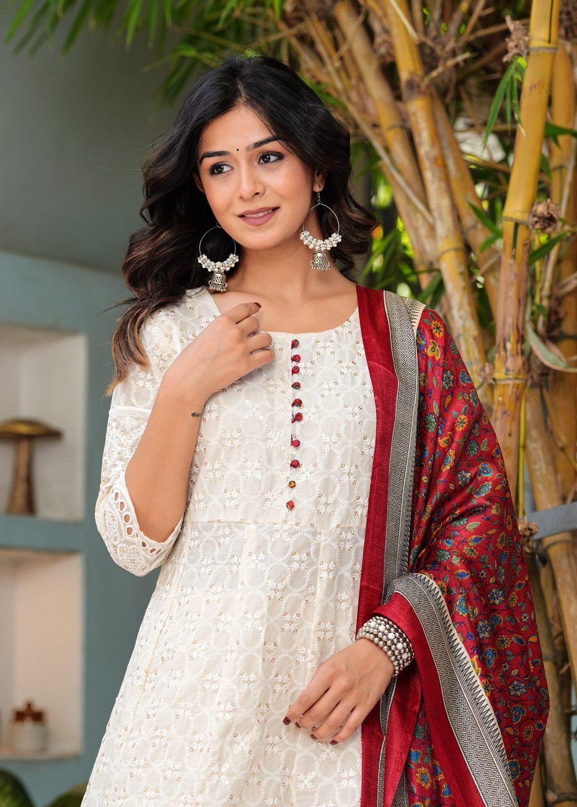 White and Red Kurti Set With Full  Embroidery On Kurti And A False Button Styling On Front