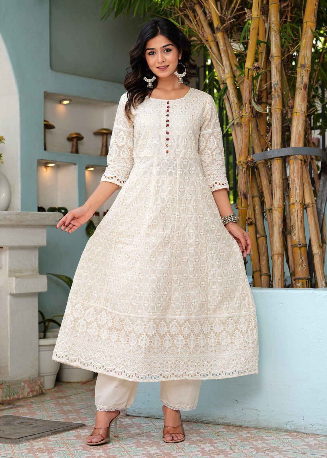 White and Red Kurti Set With Full  Embroidery On Kurti And A False Button Styling On Front