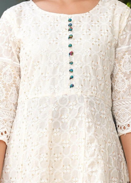 White Kurti Set, With Full  Embroidery On Kurti And A False Button Styling On Front