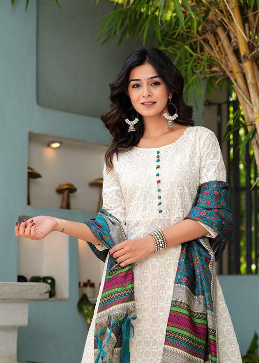 White Kurti Set, With Full  Embroidery On Kurti And A False Button Styling On Front