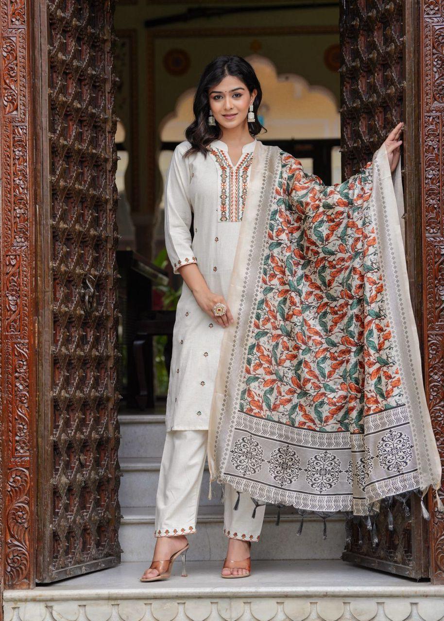 Front view of White Kurti with Matching Pants and Mixed Color Floral Embroidery At Neck, with Floral Printed Dupatta from Samhitas Apparel