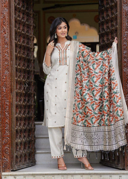 Front view of White Kurti with Matching Pants and Mixed Color Floral Embroidery At Neck, with Floral Printed Dupatta from Samhitas Apparel