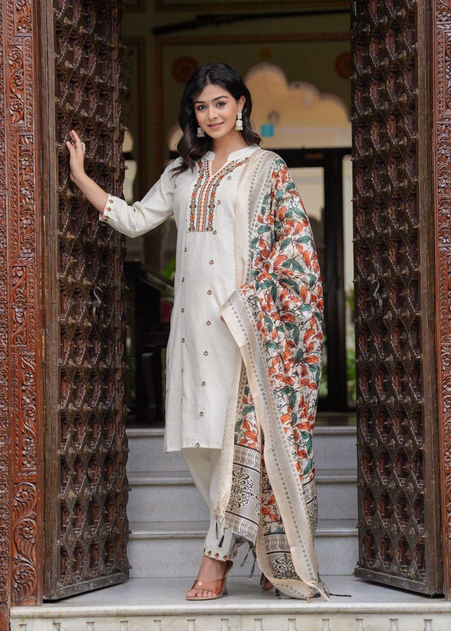 Front view of White Kurti with Matching Pants and Mixed Color Floral Embroidery At Neck, with Floral Printed Dupatta from Samhitas Apparel