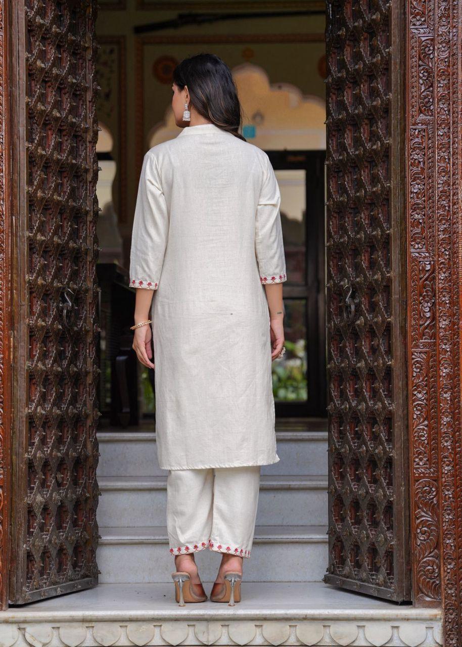 White Cotton Flex Straight Suit Set with Embroidered Neck Detailing