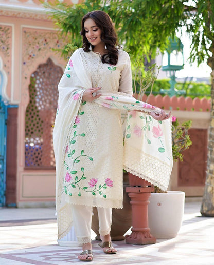 Front View Image of Premium White Chikankari Kurti Set with Hand-Painted Floral Detailing and Matching Hand-Painted Dupatta From Samhitas Apparel