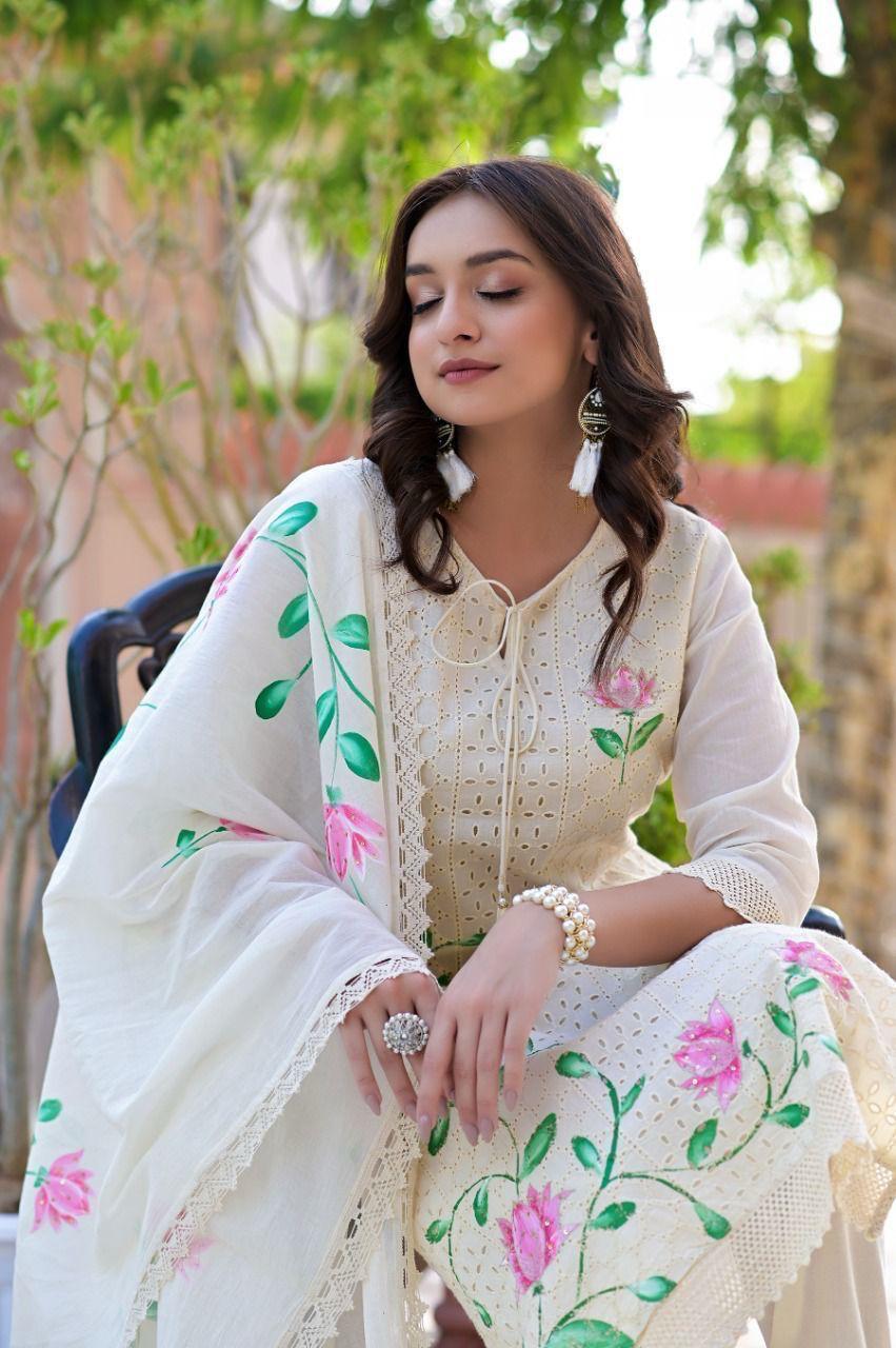 Front View Image of Premium White Chikankari Kurti Set with Hand-Painted Floral Detailing and Matching Hand-Painted Dupatta From Samhitas Apparel