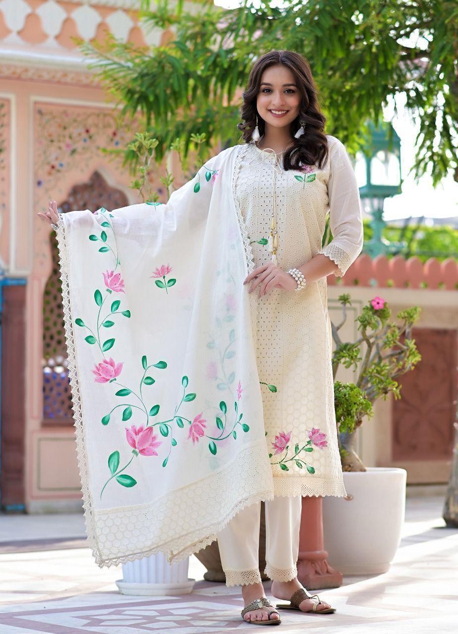 Front View Image of Premium White Chikankari Kurti Set with Hand-Painted Floral Detailing and Matching Hand-Painted Dupatta From Samhitas Apparel