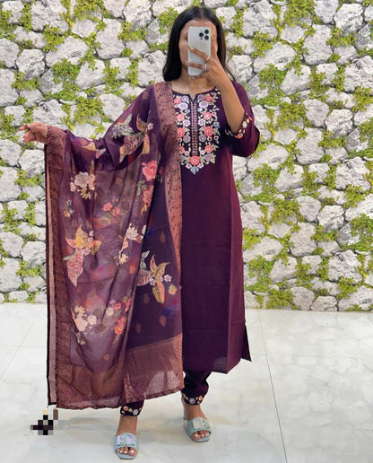 Stylish Wine Kurti Set with Floral Embroidery, Matching Pant & Printed Dupatta