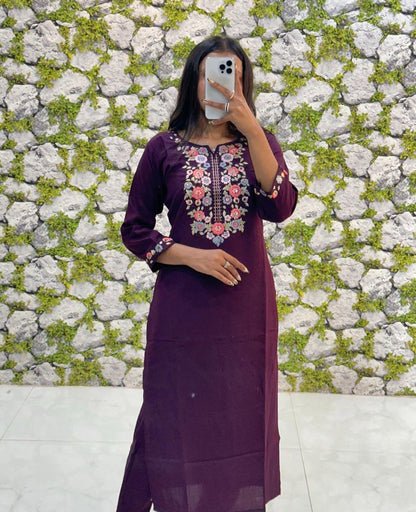 Stylish Wine Kurti Set with Floral Embroidery, Matching Pant & Printed Dupatta