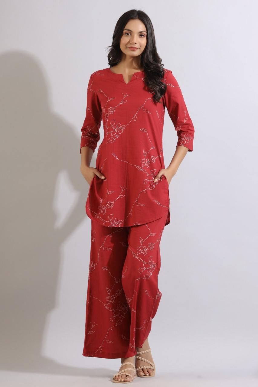 Solid Red Color Co-ord Set Kurti With Floral Print On Top And Bottom, With Slit Neck Styling