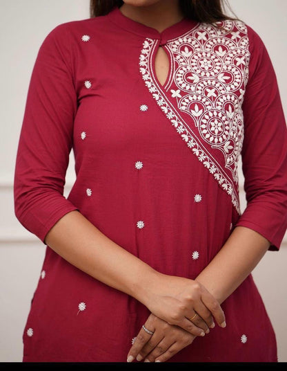 Solid Maroon Color Kurti Set With White Color Floral Chikankari Embroidery On Top