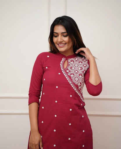 Solid Maroon Color Kurti Set With White Color Floral Chikankari Embroidery On Top