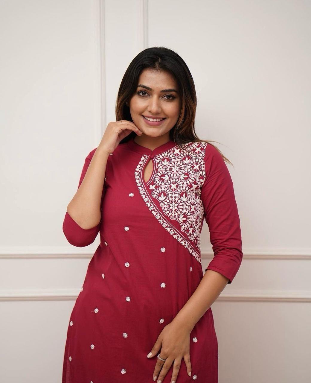 Solid Maroon Color Kurti Set With White Color Floral Chikankari Embroidery On Top