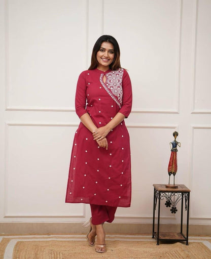 Solid Maroon Color Kurti Set With White Color Floral Chikankari Embroidery On Top