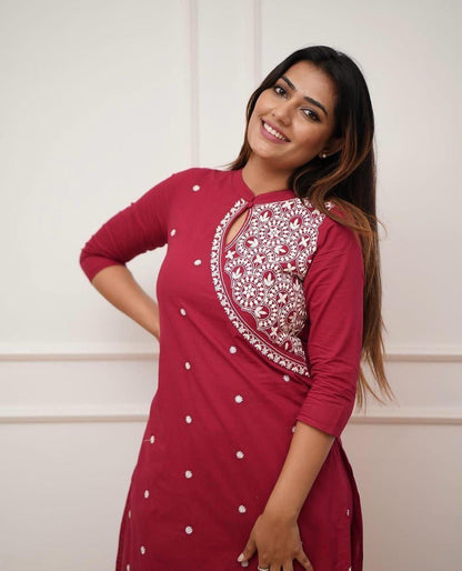 Solid Maroon Color Kurti Set With White Color Floral Chikankari Embroidery On Top