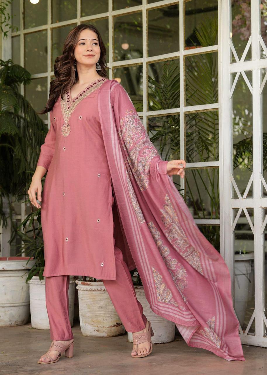 Elegant Solid Kurti Set with Floral Sequin Embroidery, Round Neck, and Printed Dupatta