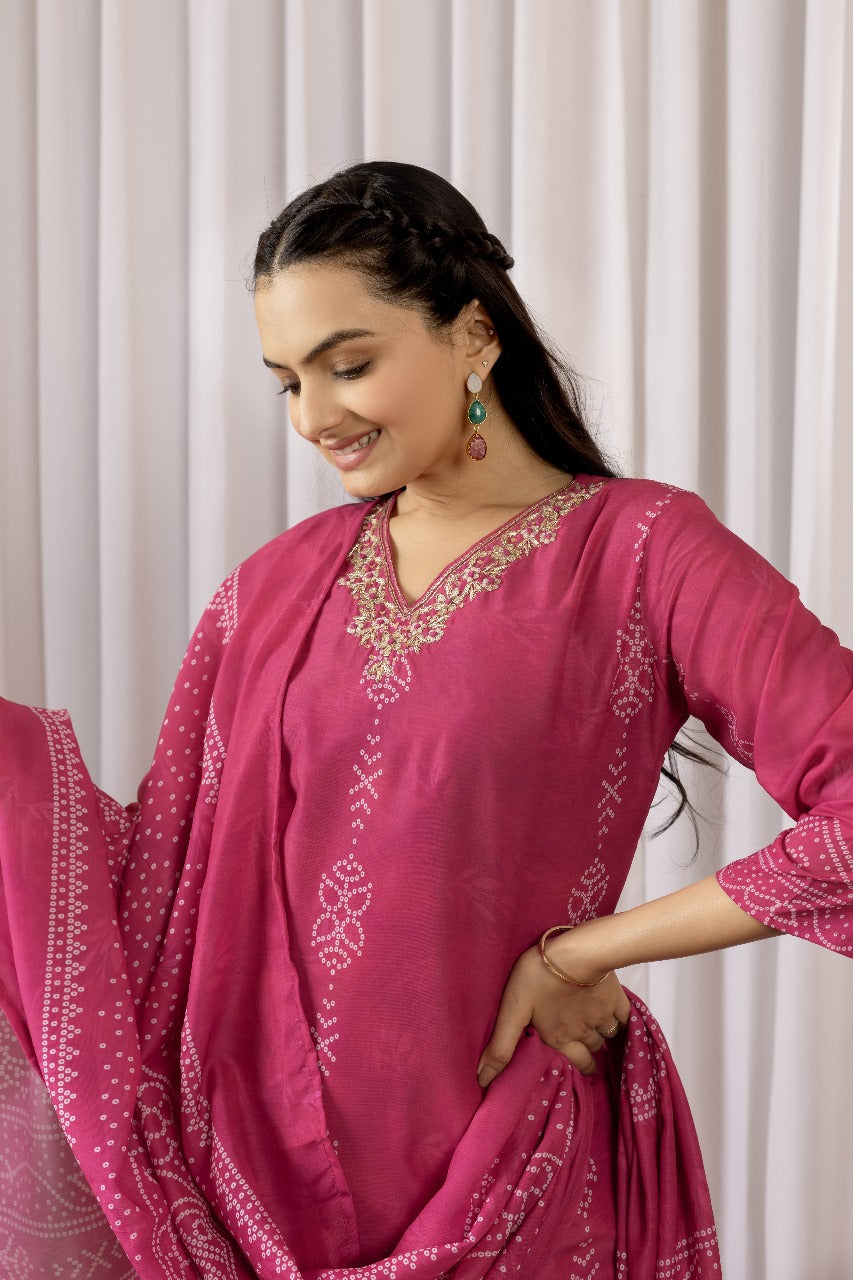 Pink Floral Embroidered Satin Kurti Set with Bandhani Dupatta