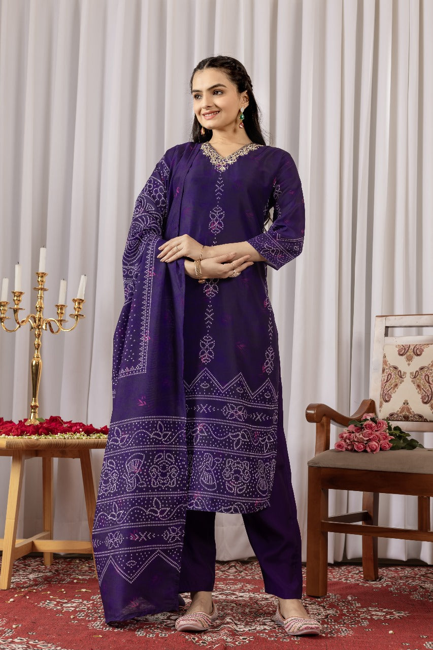 Elegant Purple Kurti Set with Matching Pant & Bandhani Printed Dupatta