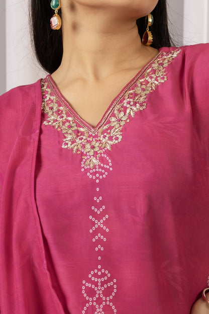 Pink Kurti Set with Matching Pant & Bandhani Dupatta