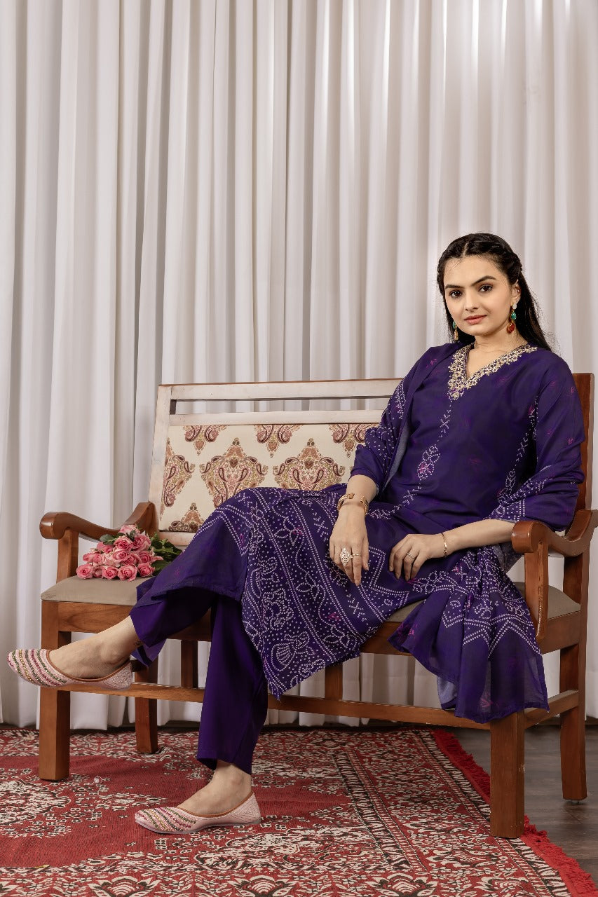 Elegant Purple Kurti Set with Matching Pant & Bandhani Printed Dupatta