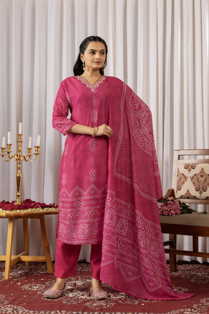 Pink Kurti Set with Matching Pant & Bandhani Dupatta