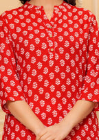 Pink Mandarin Collar Short Kurti with White & Red Block Print and Button Detail