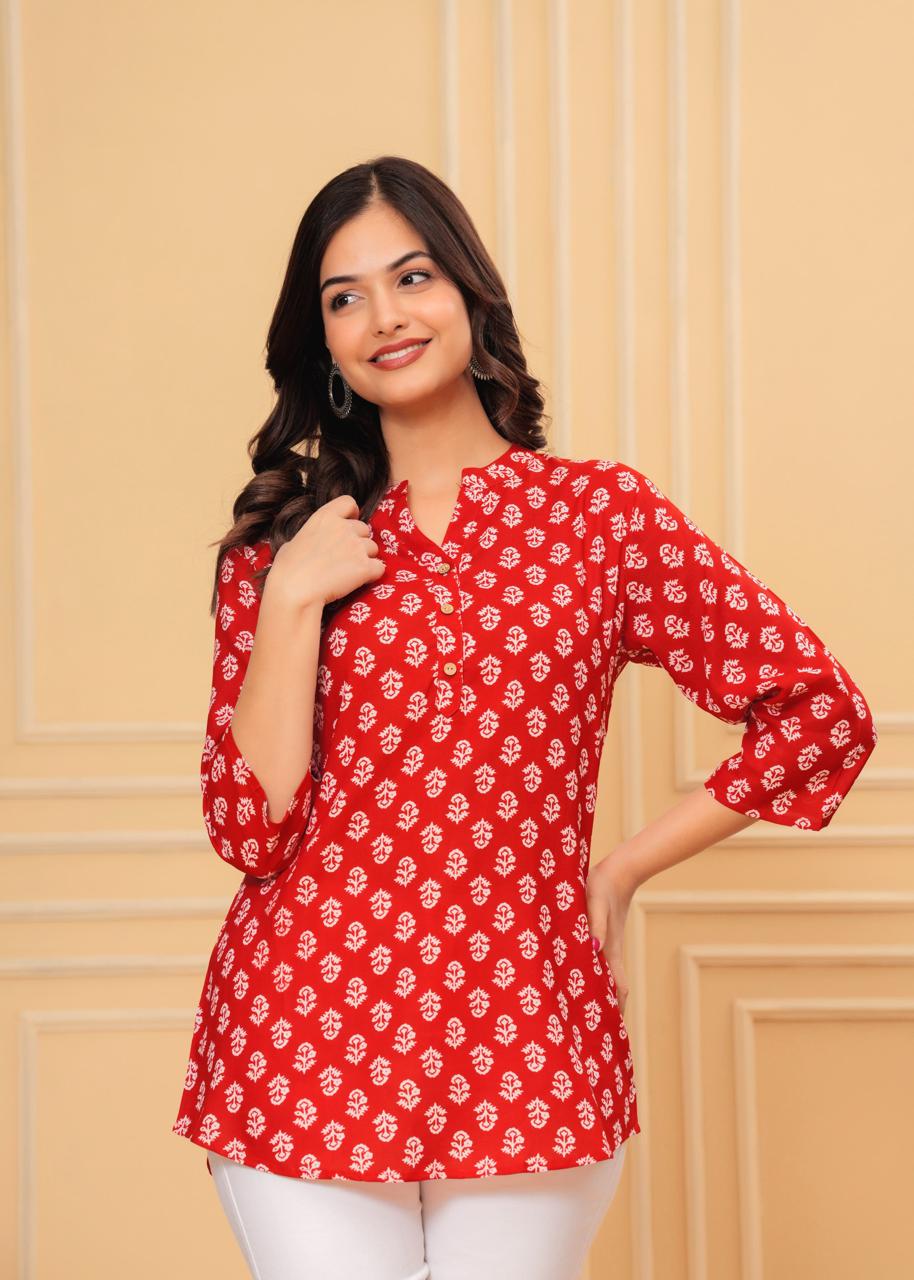 Pink Mandarin Collar Short Kurti with White & Red Block Print and Button Detail